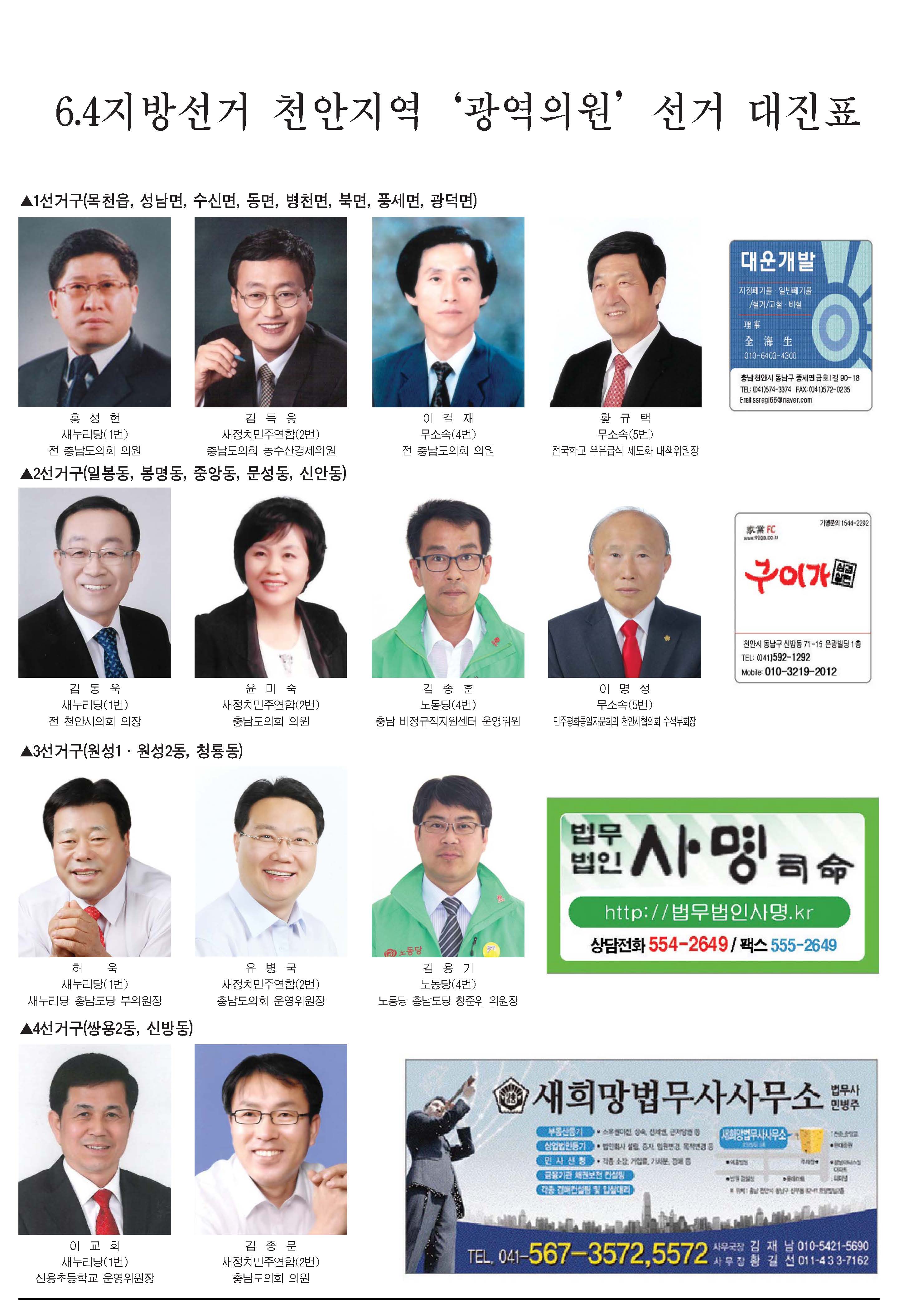 6.4 지방선거 천안지역 ‘광역·기초의원’ 선거 대진표